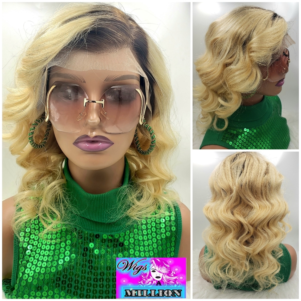 Imani" Ombre 613 Blonde Bob Virgi Hair Wig, Brazilian Loose Deep Wave, 13x4 Lace